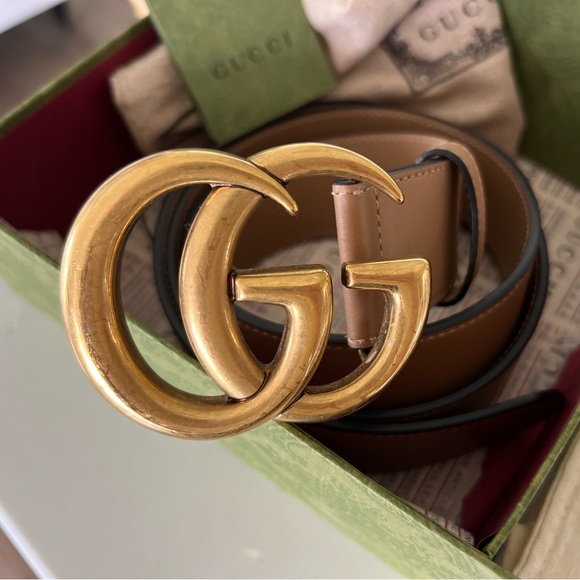 Gucci Women’s Marmont Natural Tan Leather Belt with Gold GG Buckle - Picture 1 of 3